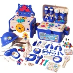 Children's blue toolbox play set with electric hand drill, safety helmet, and various tools, ideal for kids 3+ for hands-on and creative play.