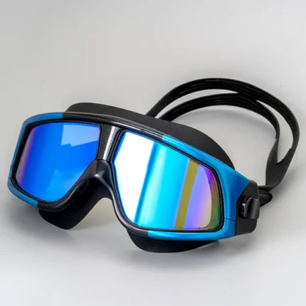 Blue mirrored HD anti-fog prescription swim goggles for myopia, with adjustable silicone strap, shown on a watery background.