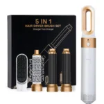 5 in 1 Hair Dryer Brush Set, includes blow dryer, curler, straightener, and styling brushes for all hair types.
