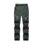 Front view of men's olive-green waterproof fleece-lined ski pants with reinforced knees, multiple zippered pockets