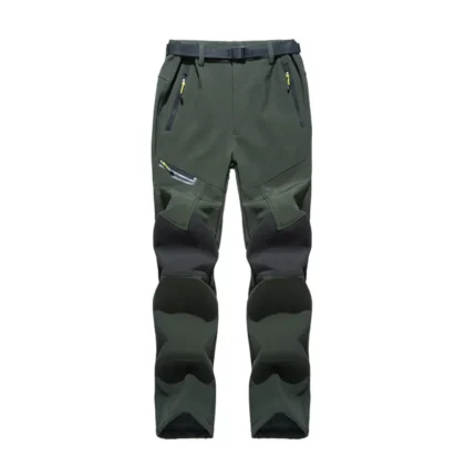 Front view of men's olive-green waterproof fleece-lined ski pants with reinforced knees, multiple zippered pockets