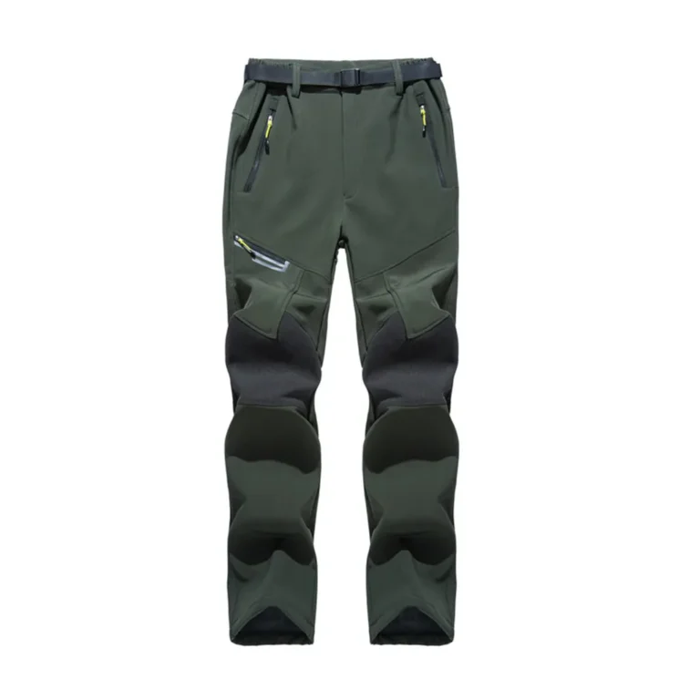 Front view of men's olive-green waterproof fleece-lined ski pants with reinforced knees, multiple zippered pockets