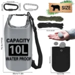 Complete bear bag food hanging kit including a 10L grey waterproof dry bag, rock throwing bag, two 33ft ropes (green & black), and two locking carabiners, with dimensions shown.