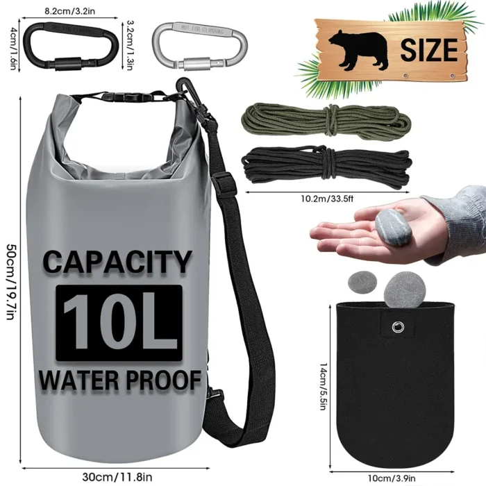 Complete bear bag food hanging kit including a 10L grey waterproof dry bag, rock throwing bag, two 33ft ropes (green & black), and two locking carabiners, with dimensions shown.