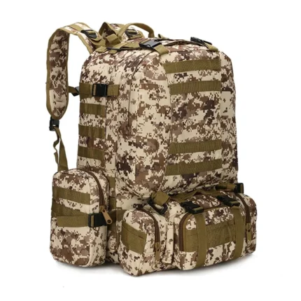 Large camouflage (Desert Digital shown) combination backpack with multiple detachable pouches, dimensions, and feature icons like "waterproof" and "ergonomic design."