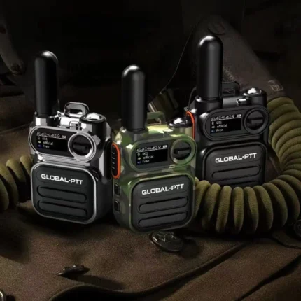 Black Global-PTT 4G/LTE radio with its screen displaying '4G' signal strength, antenna, and side PTT button.