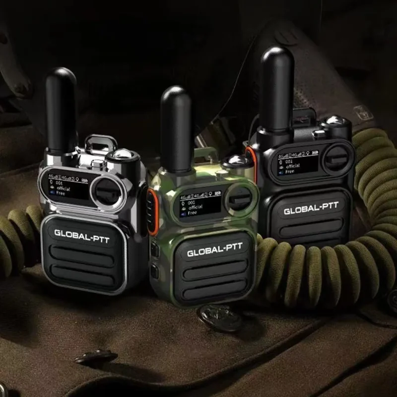 Black Global-PTT 4G/LTE radio with its screen displaying '4G' signal strength, antenna, and side PTT button.