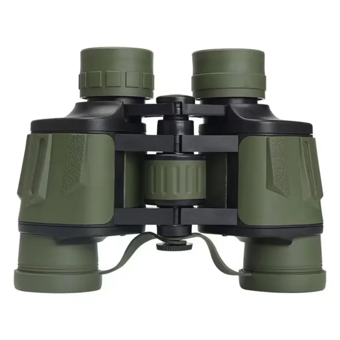Green and black 8x40 Porro prism binoculars with center focus wheel and neck strap, displaying tech specs like 8x magnification, 40mm lens, and 168m/1000m FOV.