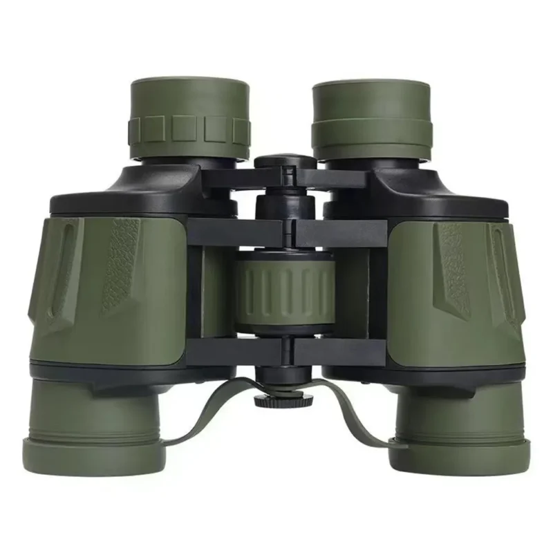 Green and black 8x40 Porro prism binoculars with center focus wheel and neck strap, displaying tech specs like 8x magnification, 40mm lens, and 168m/1000m FOV.