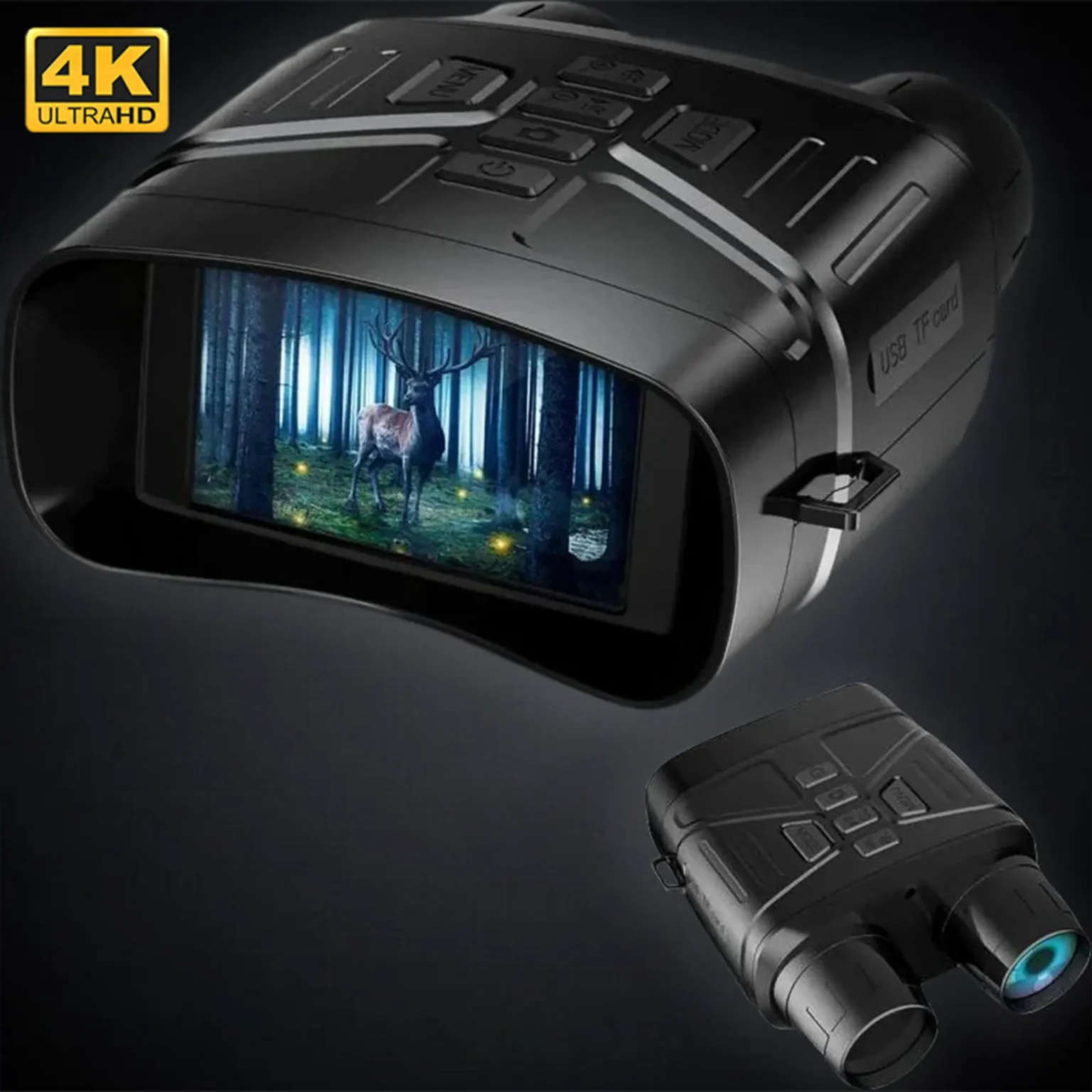 Black 4K Ultra HD night vision binoculars displaying a clear image of a deer in a forest on its 3" HD screen, highlighting its Starlight CMOS sensor and control buttons.