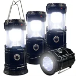 FOUR black collapsible LED camping lanterns, one extended and illuminated as a lantern, the other collapsed and illuminated as a flashlight.