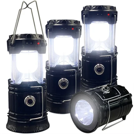 FOUR black collapsible LED camping lanterns, one extended and illuminated as a lantern, the other collapsed and illuminated as a flashlight.