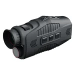 Black compact digital night vision monocular showing its eyepiece, 25mm objective lens, IR illuminator, control buttons, and focus wheel.