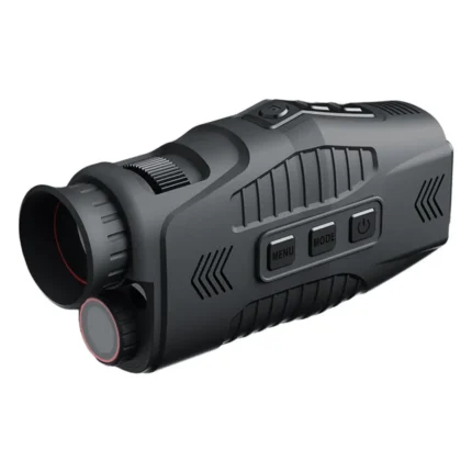 Black compact digital night vision monocular showing its eyepiece, 25mm objective lens, IR illuminator, control buttons, and focus wheel.
