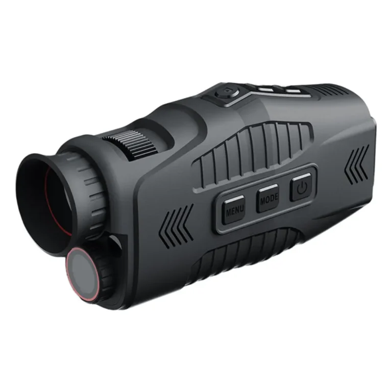 Black compact digital night vision monocular showing its eyepiece, 25mm objective lens, IR illuminator, control buttons, and focus wheel.