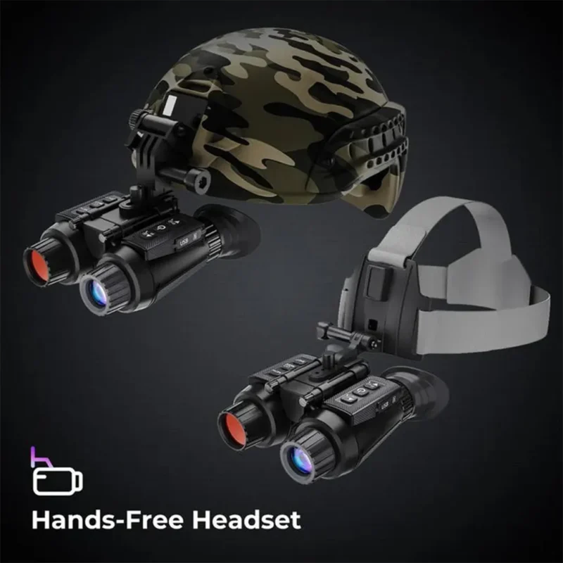 Hands-free 3D dual-screen night vision goggles shown mounted on a camouflage helmet and a separate head strap, highlighting their 4K UHD capability and starlight CMOS sensor.