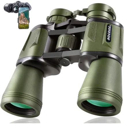 olive green 20x50 binoculars with BAK4 prism and FMC lenses, shown with an included phone adapter for capturing images.