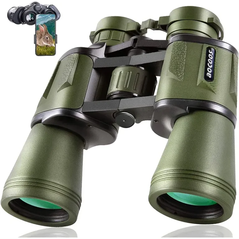 olive green 20x50 binoculars with BAK4 prism and FMC lenses, shown with an included phone adapter for capturing images.